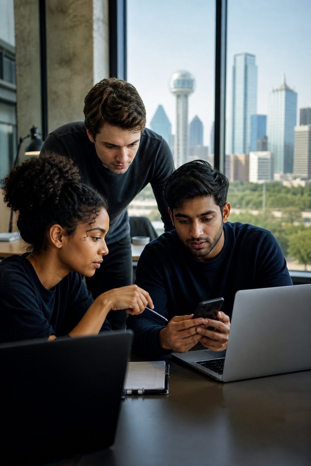 Early-career software team collaborating on a mobile product
